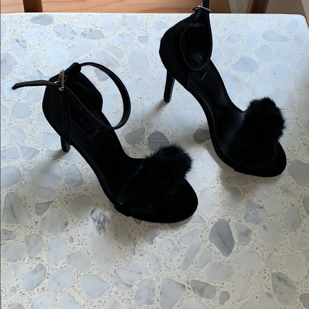 NWOT black fuzzy sandal heels